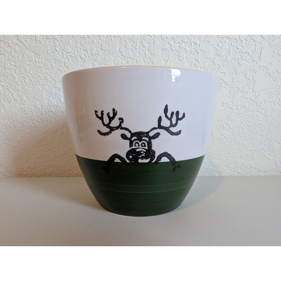 Scheurich Ceramic GREEN Christmas Spongeware Reindeer Planter Gift Holder German - Picture 1 of 8